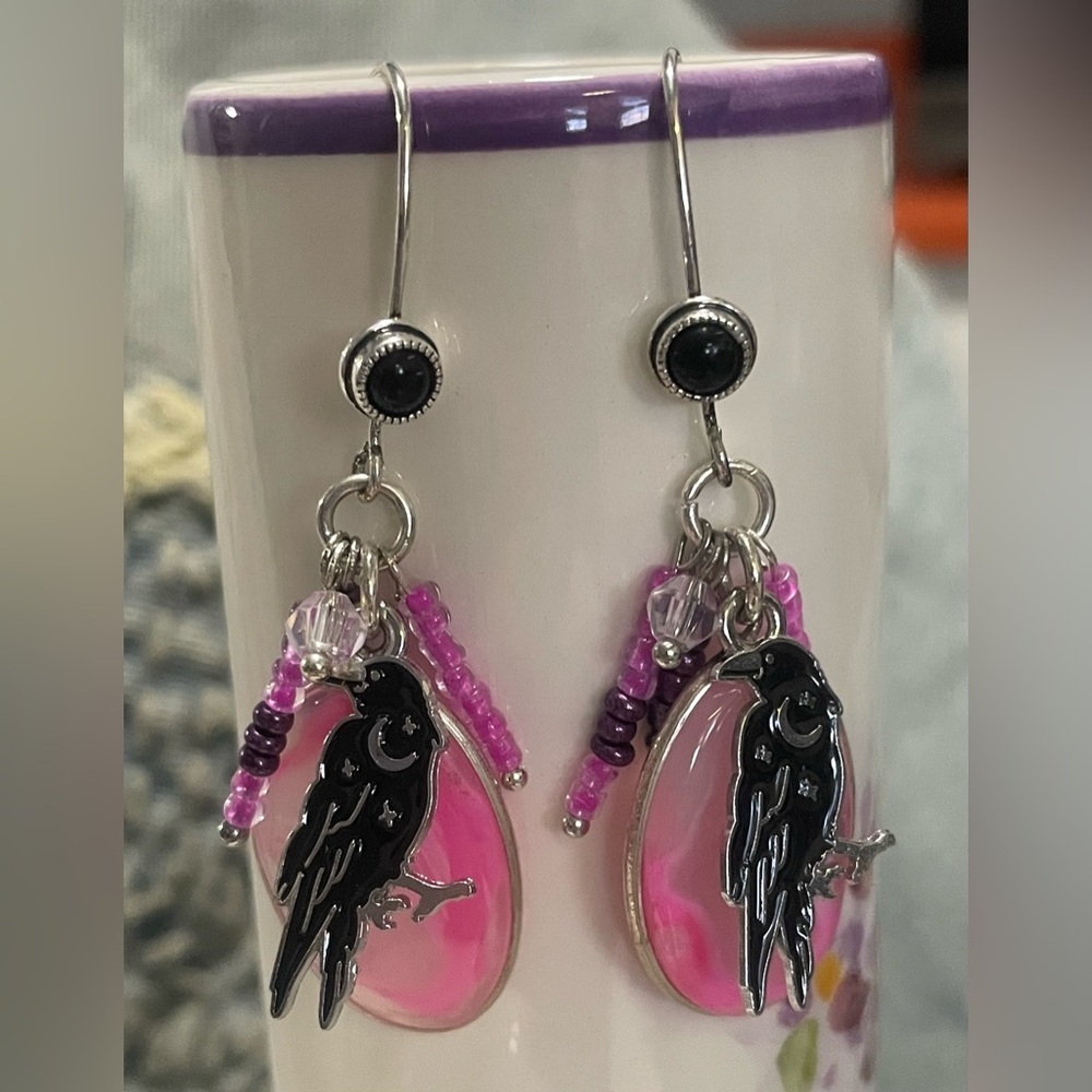 ‘2 for $10. The Crow’ Silver Black and Pink Earrings